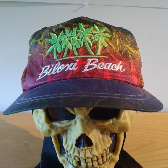 Vintage Biloxi Beach Palm Trees Rainbow Snap Back Hat - Picture 1 of 8